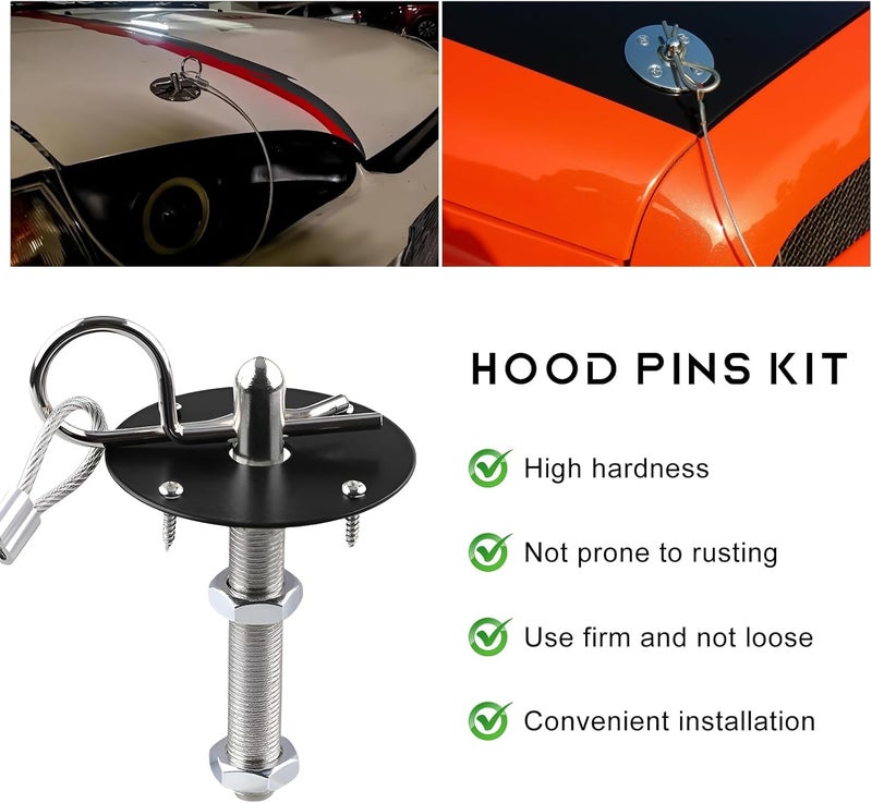 NYTKL 2 PCS Stainless Steel Car Hood Pins Kit, Quick Release Hood Cover Pin Lock Appearance Kit with Racing Lanyard, Universal Engine Bumper Bonnet Pin for Cars Trucks SUVs (Black) - Image 3
